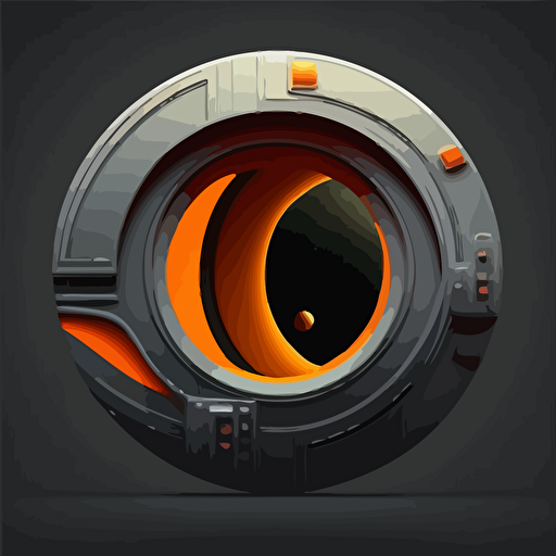 futuristic space ship, round window on side, orange and grey, black background, minimalistic, vector