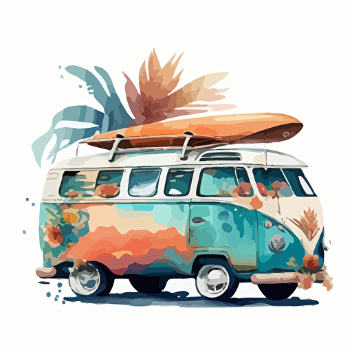 a watercolor disney style vector illustration of a Hawaiian themed volkswagon bus with a surfboard on the roof, turquoise, blue and orange with a white background