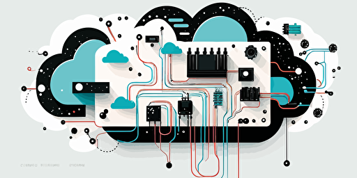 vector minimalistic illustration, very simple, one cloud in the center, one electronic board on bottom left, IoT, all connected, white background, light blue and black components,