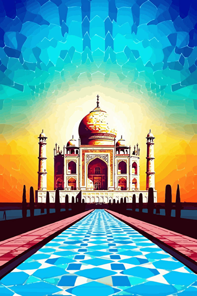 taj mahal, honeycomb amorphous mosaic background, bright lighting, summer vibrant colors, blue sky, sun in sky, faint clouds, front view, vector,