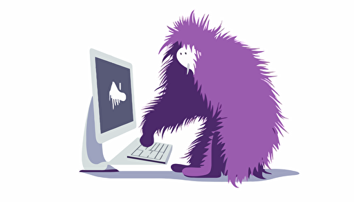 a purple yeti painting a computer, negative space, sparse and simple, white background, vector