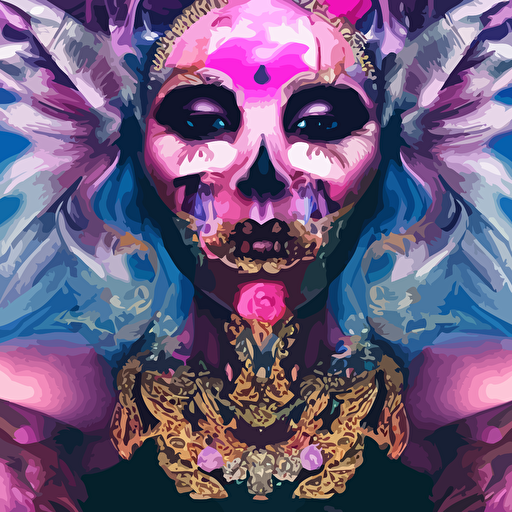 beautiful detailed 3d matte painting female goddess dead ominous magical realism texture seductive erotic tempting beautiful face intricate ornate black gold neon pink smoke swirls royally decorated skull skeleton whirling smoke embers adornements 8k