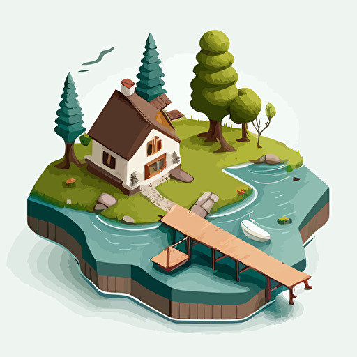 Cartoon vector isometric image of a house on a small island over a large lake with a bridge leading to it