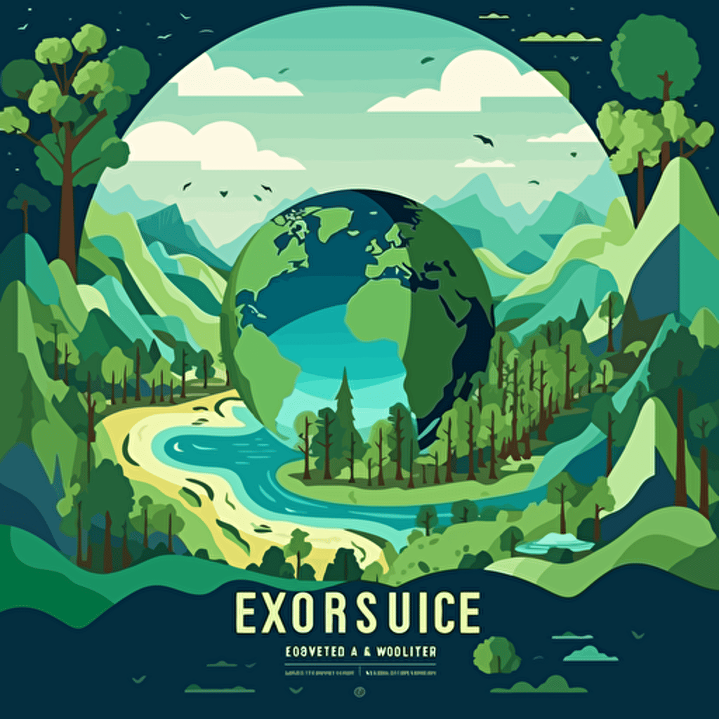 Create a visually striking vector poster that highlights the natural beauty and ecological importance of a country. The poster should feature an image of the earth as seen from space, with lush green trees covering a significant portion of the land. The colors should be vibrant and eye-catching, with a focus on green, blue, and brown hues to represent the earth, trees, and soil.