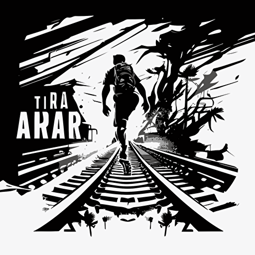 brand logo, black and white, explorer running on train tracks, abstract, flat vector art, flat color