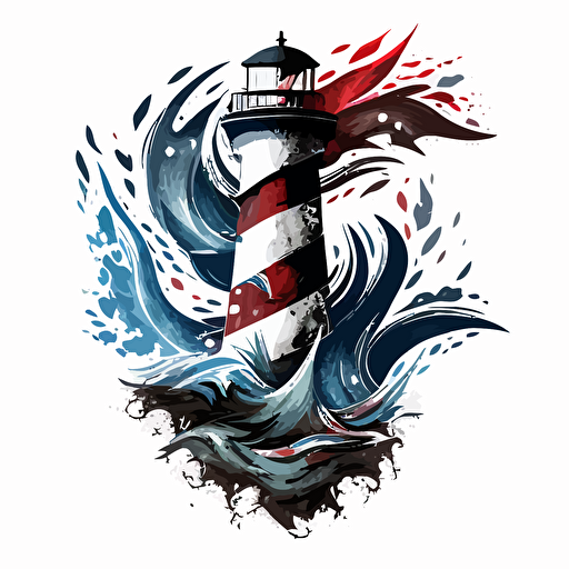 A vector logo of an anchor made out of waves fading into a lighthouse. All using shades of White, black, red and blue.
