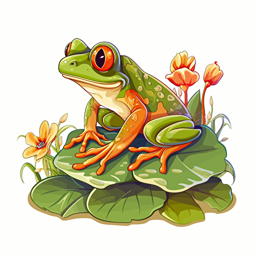 frog sitting on leaf, flowers, detailed, cartoon style, 2d clipart vector, creative and imaginative, hd, white background