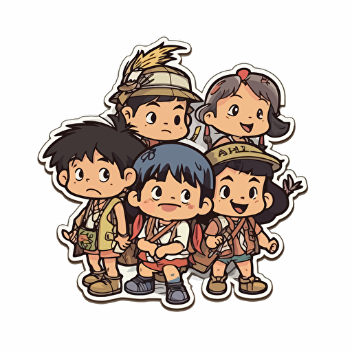 90's little rascals as native americans, sticker, Kawai, contour, dibujo digital, vector, White background