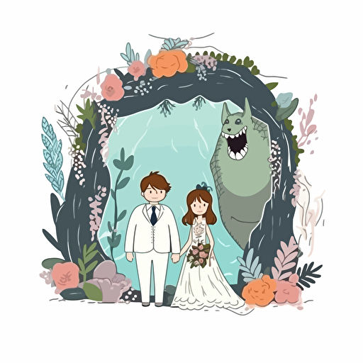 Ghibli style, Couple is getting married, wedding, center frame, vector animation, white background, film grain