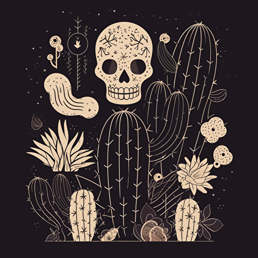 vector art, a single cactus illustration, dia de los muertos, simple shapes, minimalist, printmaking, monochromatic, flat background that is one color