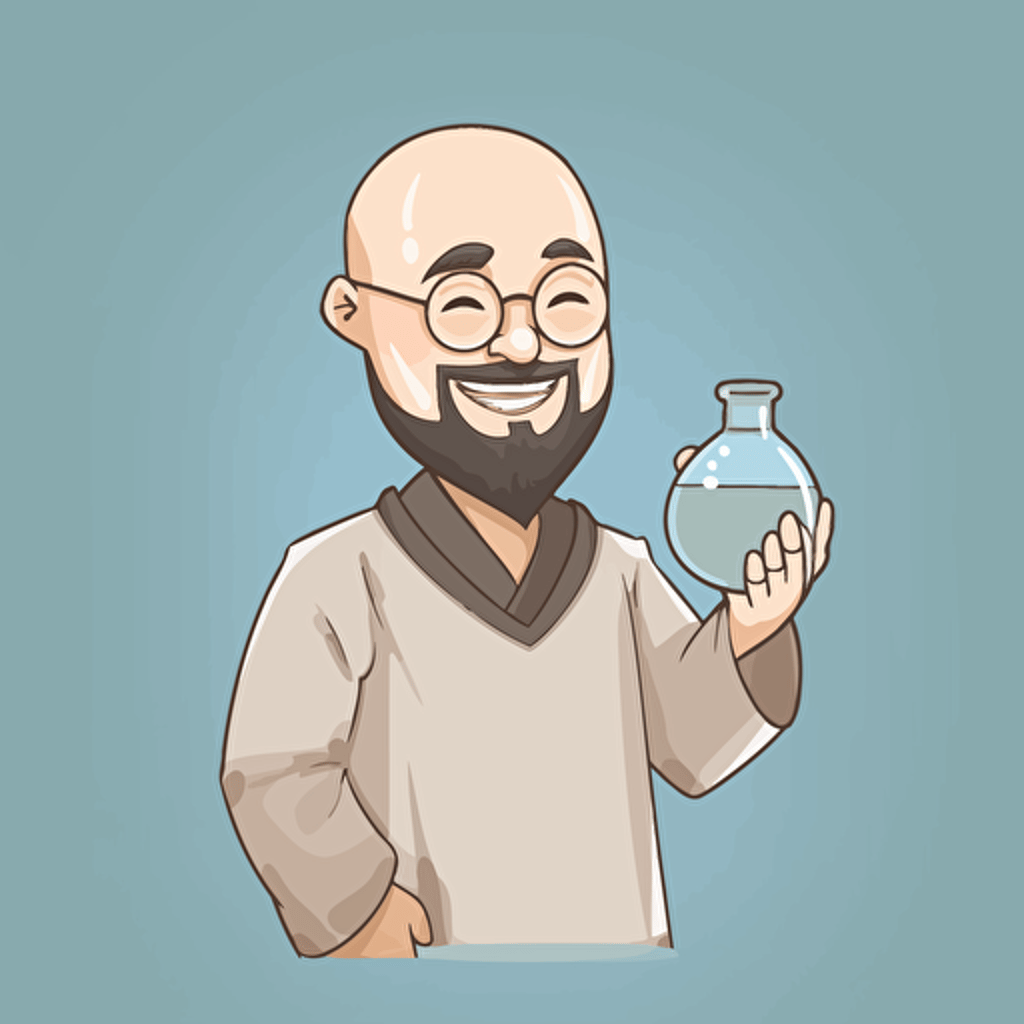 a chinese scientist holding a flask wearing lab gown bald no eye glasses with goatee and smiling, happy face, 2d art, vector