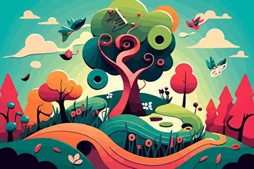a whimsical vector landscape illustration about singing and music with bright colors in the style of a children’s book,