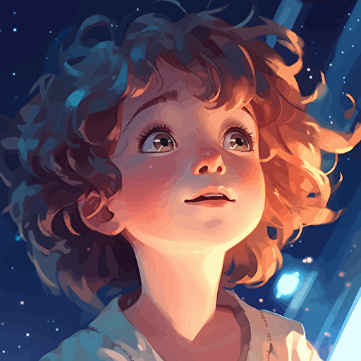 little girl with light brown short wavy curly hair and blue eyes floating in space, gazing in wonder at a quasar, Clear, detailed face. Clean Cel shaded vector art by lois van baarle, artgerm, Helen huang, by makoto shinkai and ilya kuvshinov, rossdraws, illustration