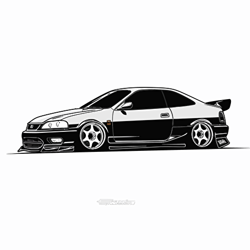 Black and white Flat vector 2D, a 1999 honda civic coupe, lowered suspension, black and white, vector logo design logo