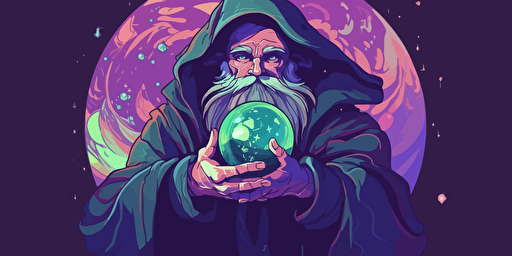 vector illustration designmilk of a wizard looking into a crystal ball palette is purple, blue, and green