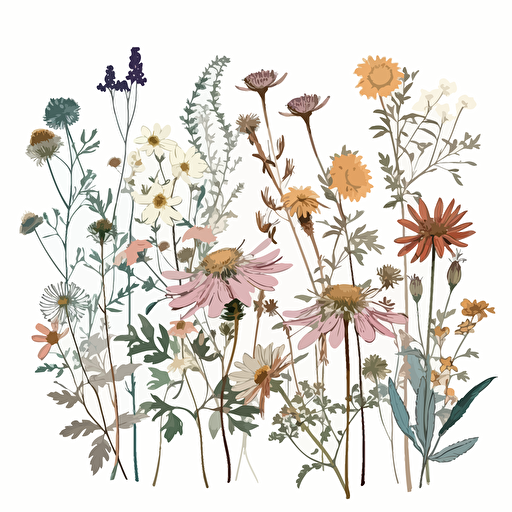 wildflowers as clip art on a white background, 2d style, vector, dainty, soft palate colors