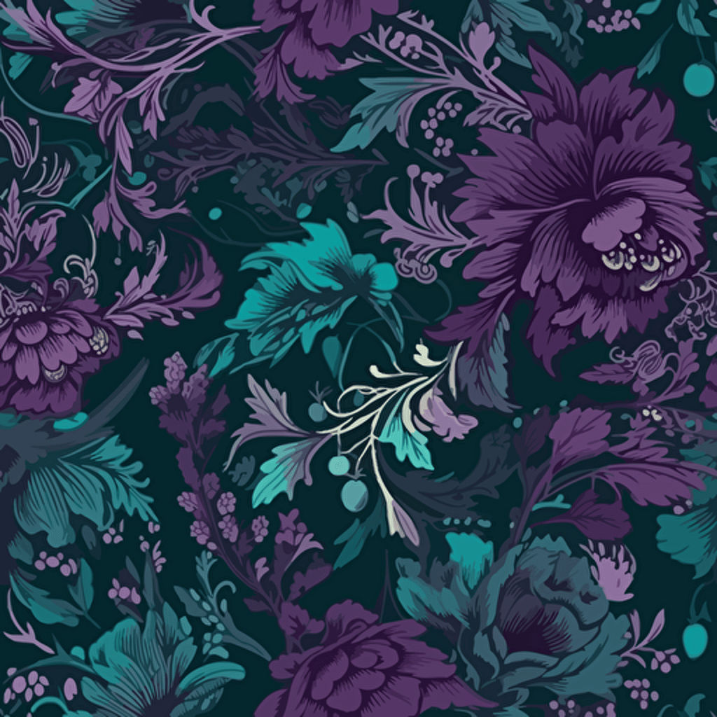 green leaves and flowers in the summer; vector seamless background, in the style of petrol and purple, baroque exaggeration, 1970–present, flowerpunk,