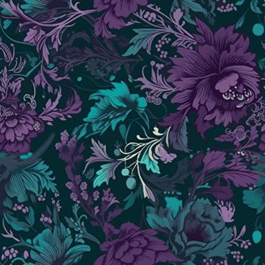 green leaves and flowers in the summer; vector seamless background, in the style of petrol and purple, baroque exaggeration, 1970–present, flowerpunk,