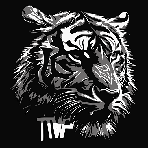 A tiger face created by the letters T and W. Vector, black and white, flat, no details, sharp corners.