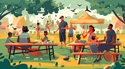 a oil painting vector black family picnic, picinic tables, someone cooking on the barbeque grill, bounce house in the background, bbq food on the tables, kids running around, adult plaing cards,