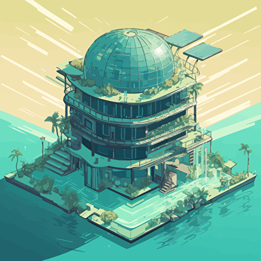 vector, solarpunk, building with a pool