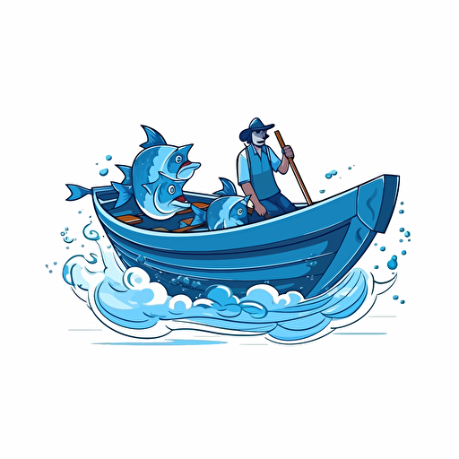 a fishing rowing boat race in the water with speed look, cartoon, blue color, white background, vector