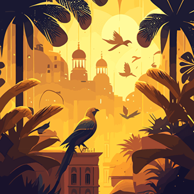 ILLUSTRATION OF THE GOLDEN CITY FOR A CHILDRENS BOOK, IN THE STYLE OF genndy tartakovsky. GOLDEN CITY, RAIN FORREST, PARROTS FLYING, JUNGLE, ADVENTURE SCENE, EXPLORE, HIGH CAMERA VIEW. gOLDEN HOUR. VECTOR ILLUSTRATION