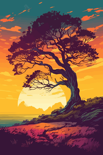 Beautiful landscape with a single large tree. No watermark. Vivid rainbow colours. Vector styled