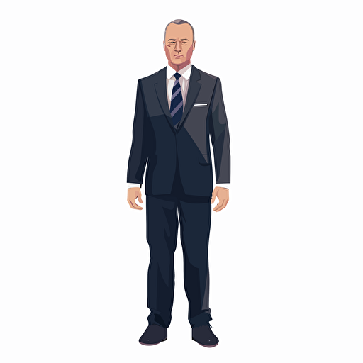 a flat vector image of a man in a navy suit and tie, full frontal view.