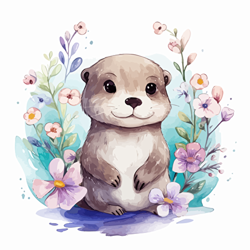 cute otter, flowers, detailed, cartoon style, 2d watercolor clipart vector, creative and imaginative, hd, white background