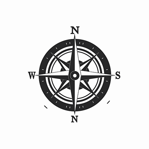 a simple Black on white logo of a compass inside of a circle, Flat vector logo