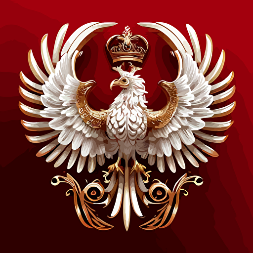 detailed, vector symbol of white eagle with golden crown on red background