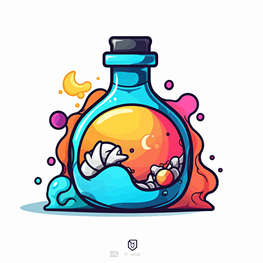 Digital illustration of logo with thick black outline, white background, cute, colorful cel-shaded potion bottle in Pixar style, Blizzard entertainment art, saturated colors, prop design, contour, vector art