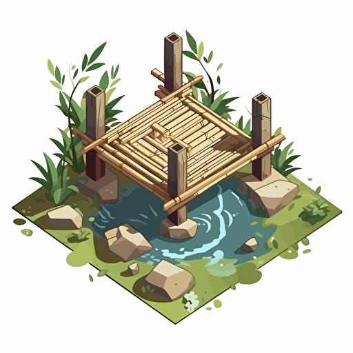isometric cartoon vector style image of a broken small bamboo square platform