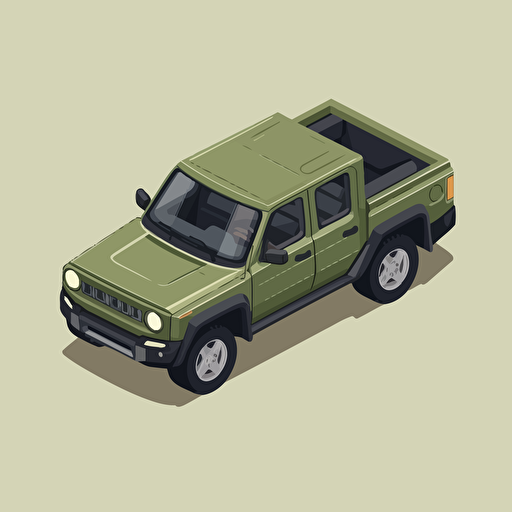 isometric icon, olive green 2022 Rivian R1T pickup truck, solid background, in the style of Matthew Skiff illustrations, in the style of Christopher Lee illustrations, in the style of Jonathan Ball illustrations, simple, rough-edged drawing, vector illustration, flat art,
