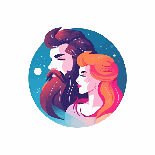 fantasy boy and girl front view, beard, happy, circle, round, simple, simplistic, logo, vector