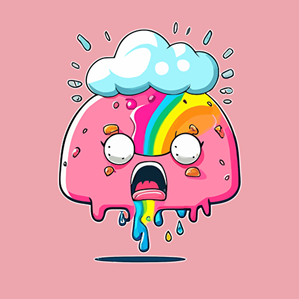 pink brain. the cerebrum should be in 2d vector. cute. dribbling rainbow out of the mouth on the brain. in the style of adventure time. cute white eyes at the front of the brain