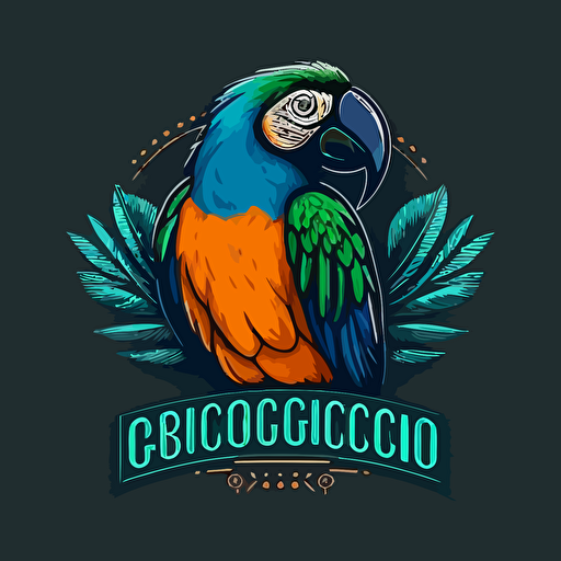 busca un logo monocromático de un color en formato vectorial 2D con un guacamayo que sea icónico, representativo, fácil de recordar y reconocer. El diseño debe tener líneas gruesas, detalles precisos en el pico, ojos y plumas, y ser apropiado para serigrafía, bordados y otros productos promocionales. Además, puede incluir elementos decorativos como hojas, ramas y flores en una cantidad limitada para mantener la simplicidad y claridad del diseño, en fondo blanco.