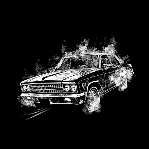 police car on fire in Mike Giants style of drawing, white on black background, no shading, 2D, vector,
