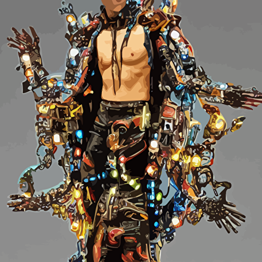 body bladerunner style sculpture young handsome latino prince half cibernetic android chest opening exposing circuitry electric sparks glowing laser beam eyes crown giant diamonds flowing neon colored silk fabric raptors baroque elements length view baroque element intricate artwork caravaggio birds birds background trending artstation octane render cinematic lighting right hyper realism octane render 8k depth field 3d