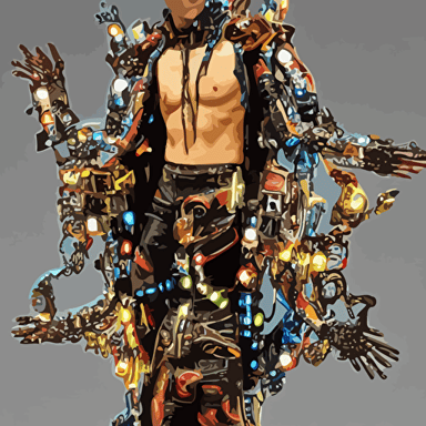 body bladerunner style sculpture young handsome latino prince half cibernetic android chest opening exposing circuitry electric sparks glowing laser beam eyes crown giant diamonds flowing neon colored silk fabric raptors baroque elements length view baroque element intricate artwork caravaggio birds birds background trending artstation octane render cinematic lighting right hyper realism octane render 8k depth field 3d