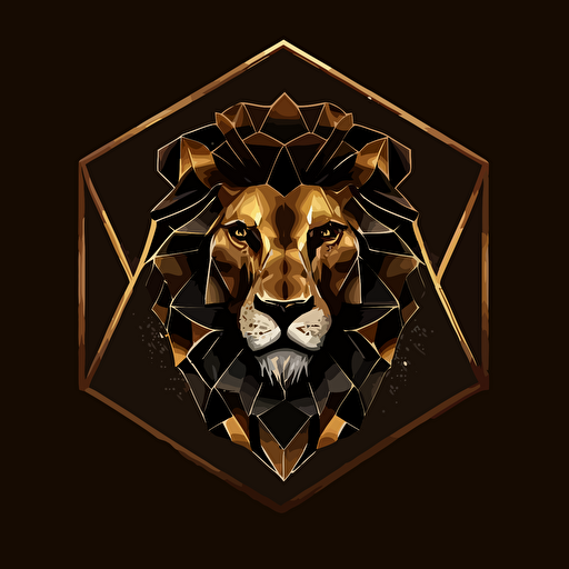 Black lion face inside a golden hexagon, with a crown on top of the hexagon, image minimalist, vector.