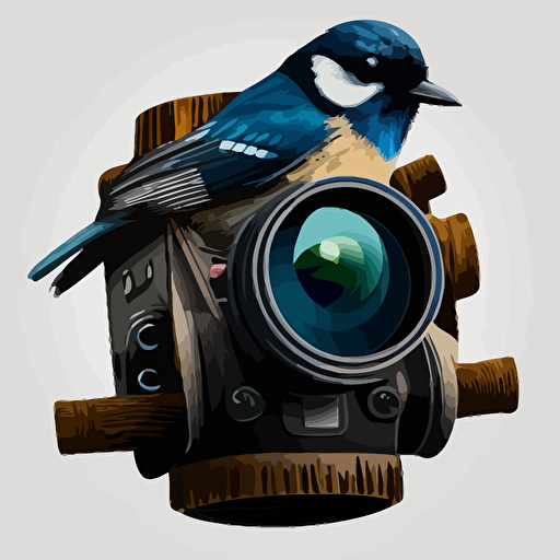 a birdhouse that looks like a DSLR, apus apus perched on the lens looking down at the camera, vector image, simple, three color, blue, black, white