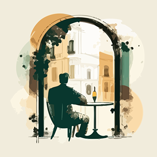 minimalistic illustration, man sitting at alfresco table drinking wine, leaning backwards into chair, looking out over the piazza, motif style, vector