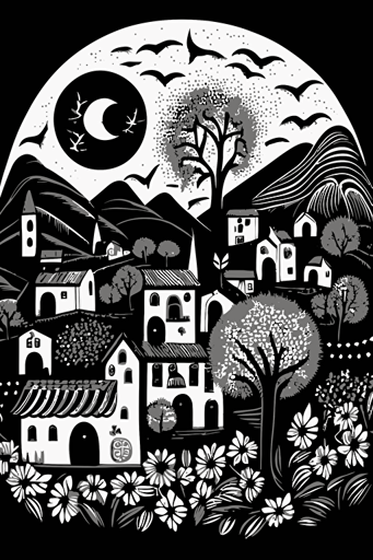 svg vector drawing, doodle style, detailed sharp artwork, A picturesque spring village in Italy black and white, maximalist art style, by Karla Gerard, Periwinkle
