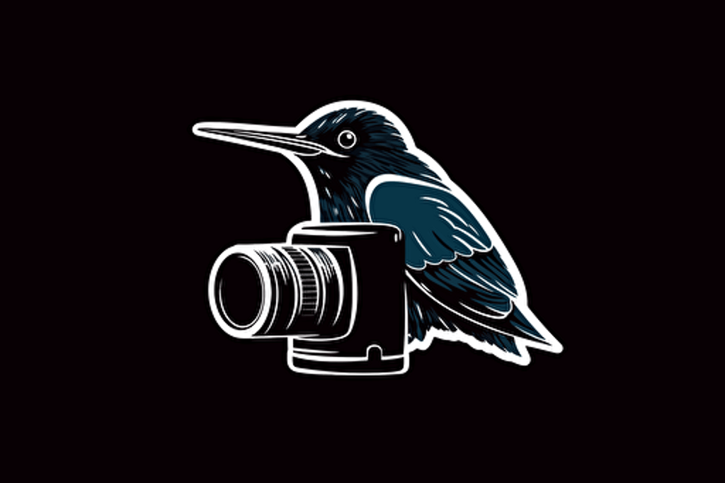 a swift bird perched on top of a dslr camera, vector logo, line drawing, minimalist, simple, two color, blue, white, black