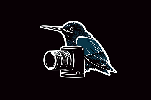 a swift bird perched on top of a dslr camera, vector logo, line drawing, minimalist, simple, two color, blue, white, black