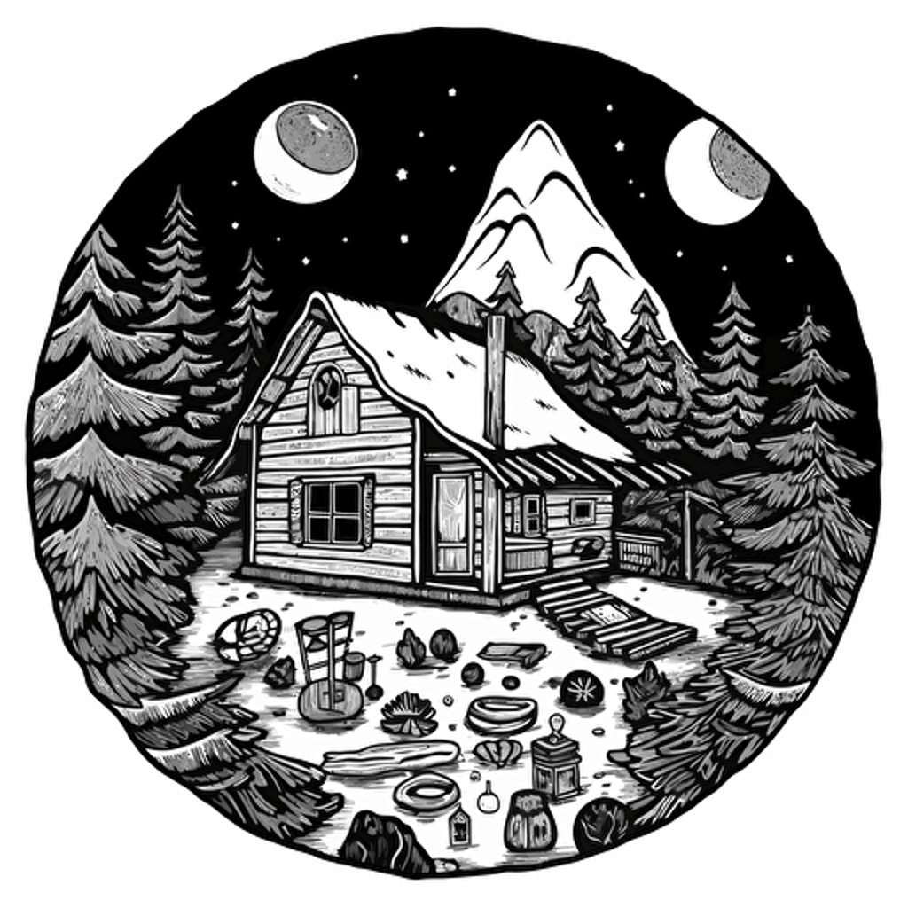 cabin, "board games":2, logo:3, black white drawing, vector