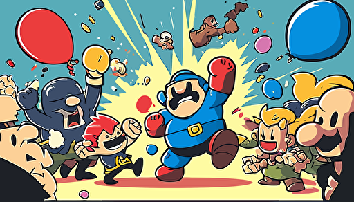 super smash bros at a birthday party, vector art, flat background