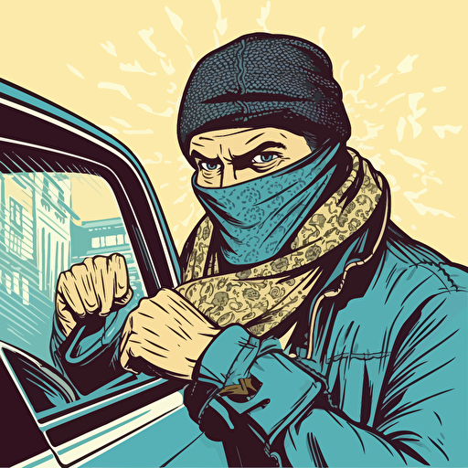 street level gangster, scarf covering his mouth, breaking into a car with a crowbar, vector art